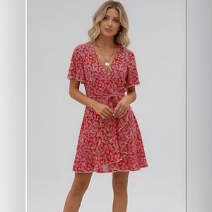 Frenchy Ditsy Floral Print Butterfly Sleeve Ruffle Trim Faux  Wrap Dress
